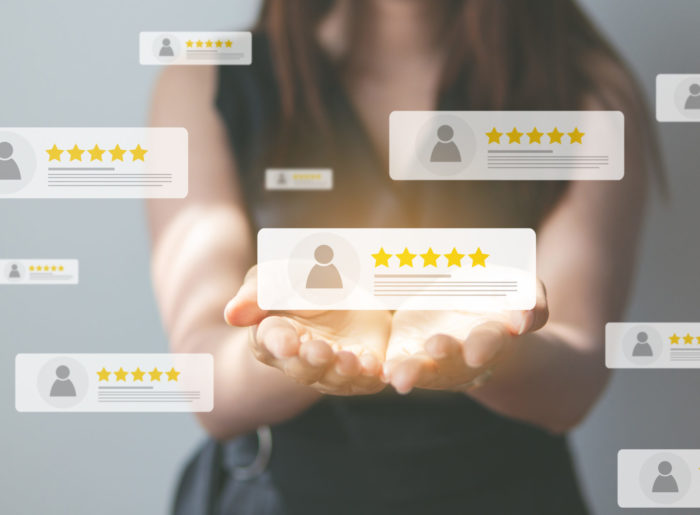 Customer review good rating concept, hand pressing user and five Customer review good rating concept, hand pressing user and five